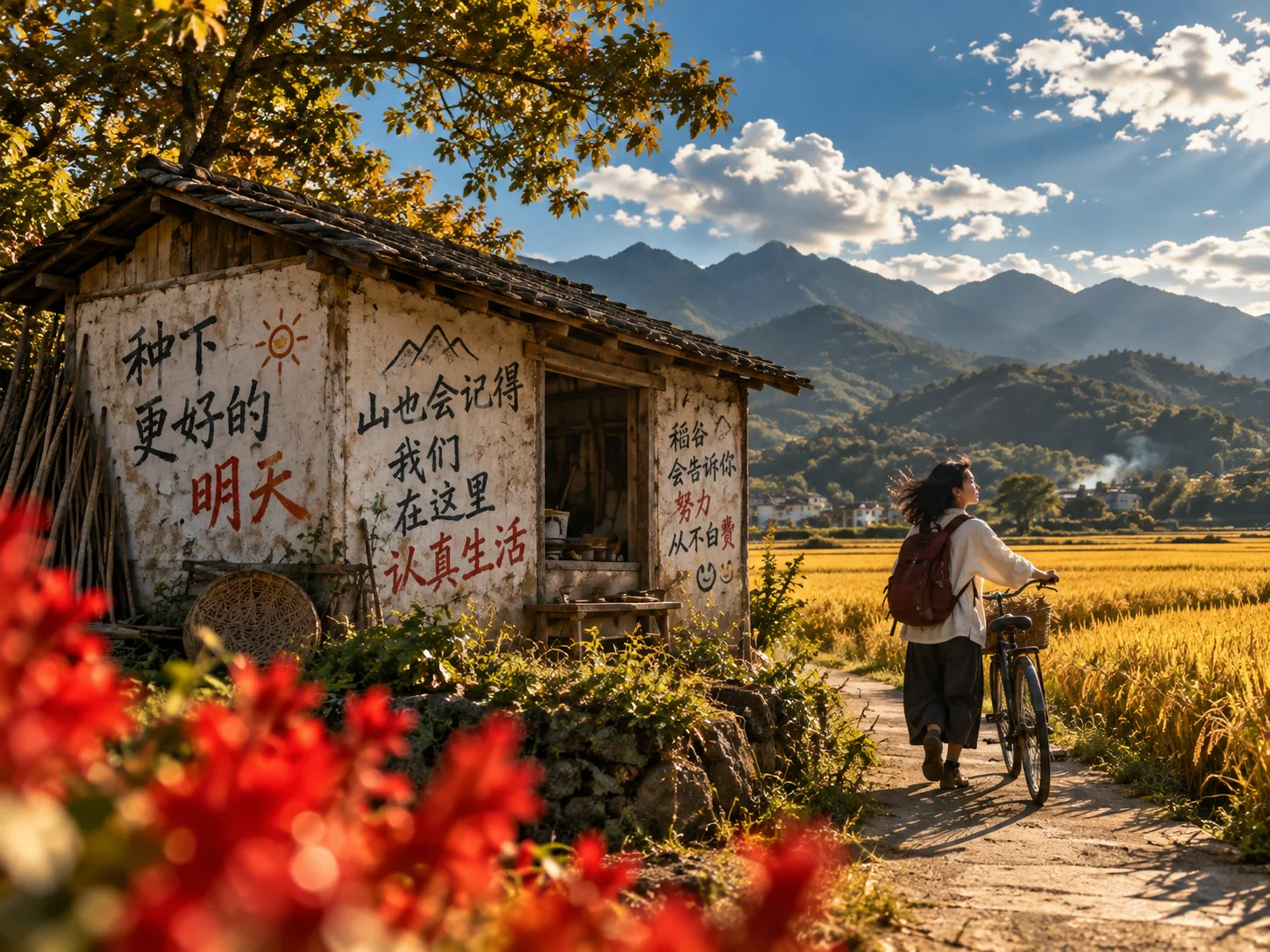 山村小路旁红花掩映着旧屋与推自行车的人