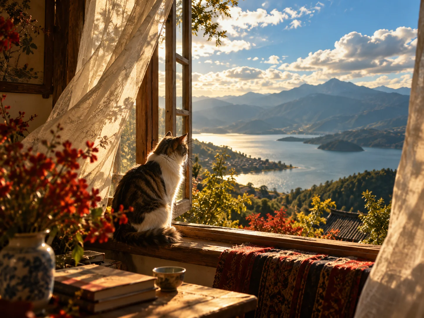 猫坐在窗边书与花留在近处远方是被阳光照亮的山湖