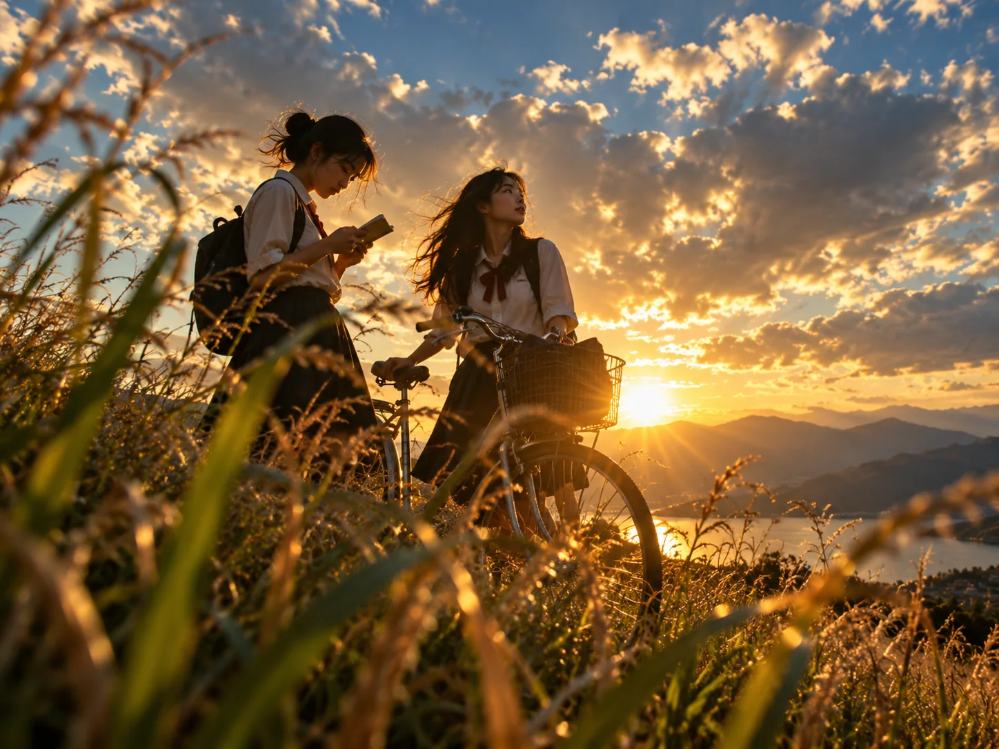 两位推着自行车的年轻人在山坡夕阳里停留