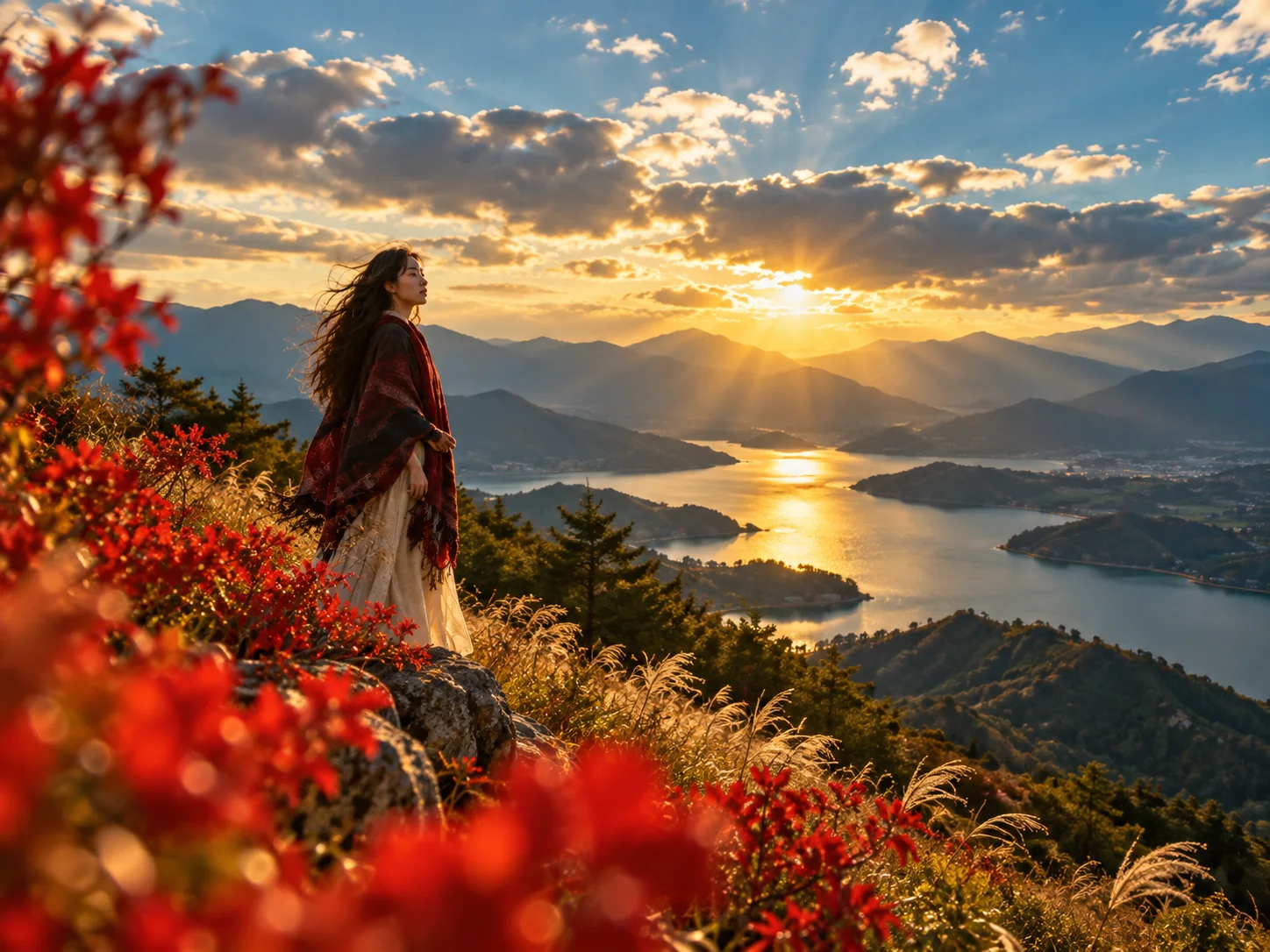 一个人站在红花与山湖之间远处云层透出光束
