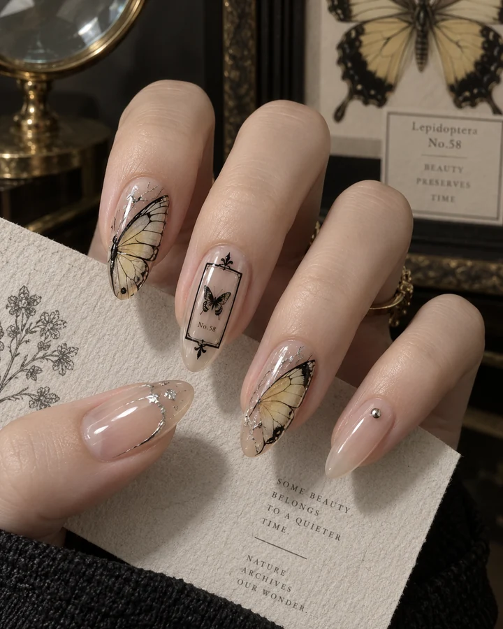 蝴蝶标本中长杏仁美甲参考