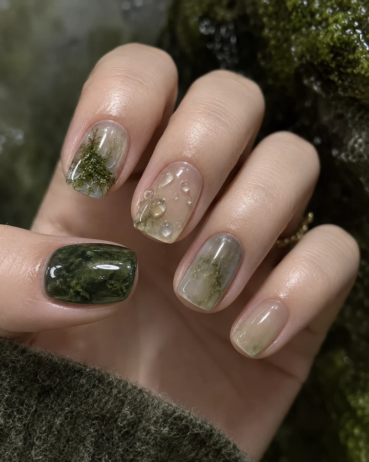 苔藓玻璃短方圆美甲参考