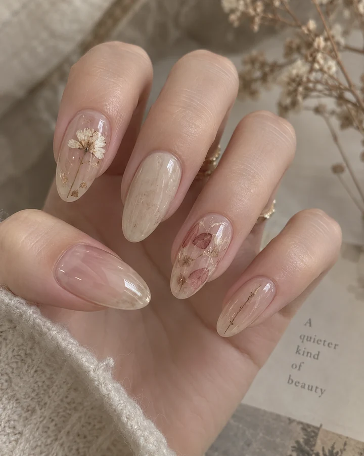 干花透明层中长杏仁美甲参考