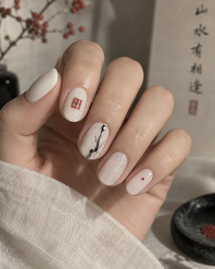 朱砂印短椭圆美甲参考