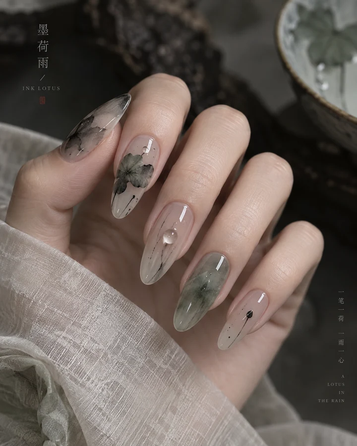 墨荷雨长杏仁美甲参考