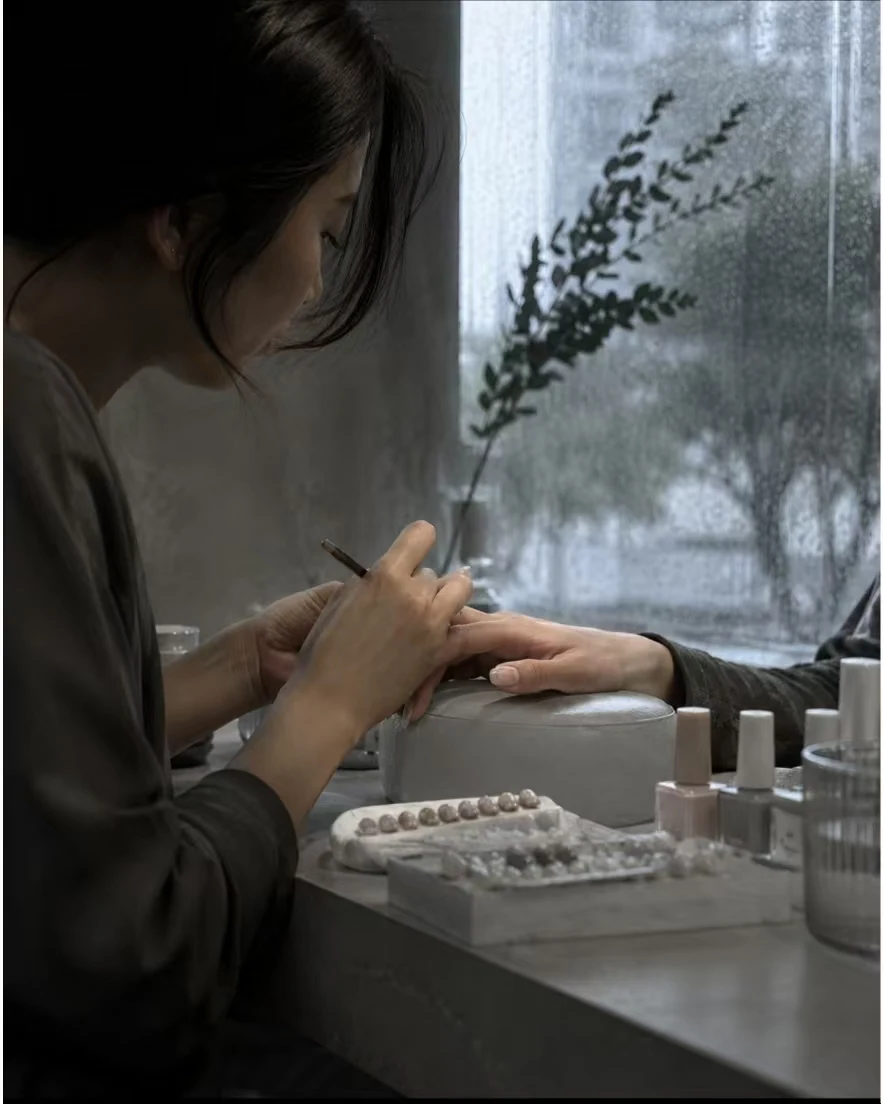 美甲师正在为顾客服务的手部特写